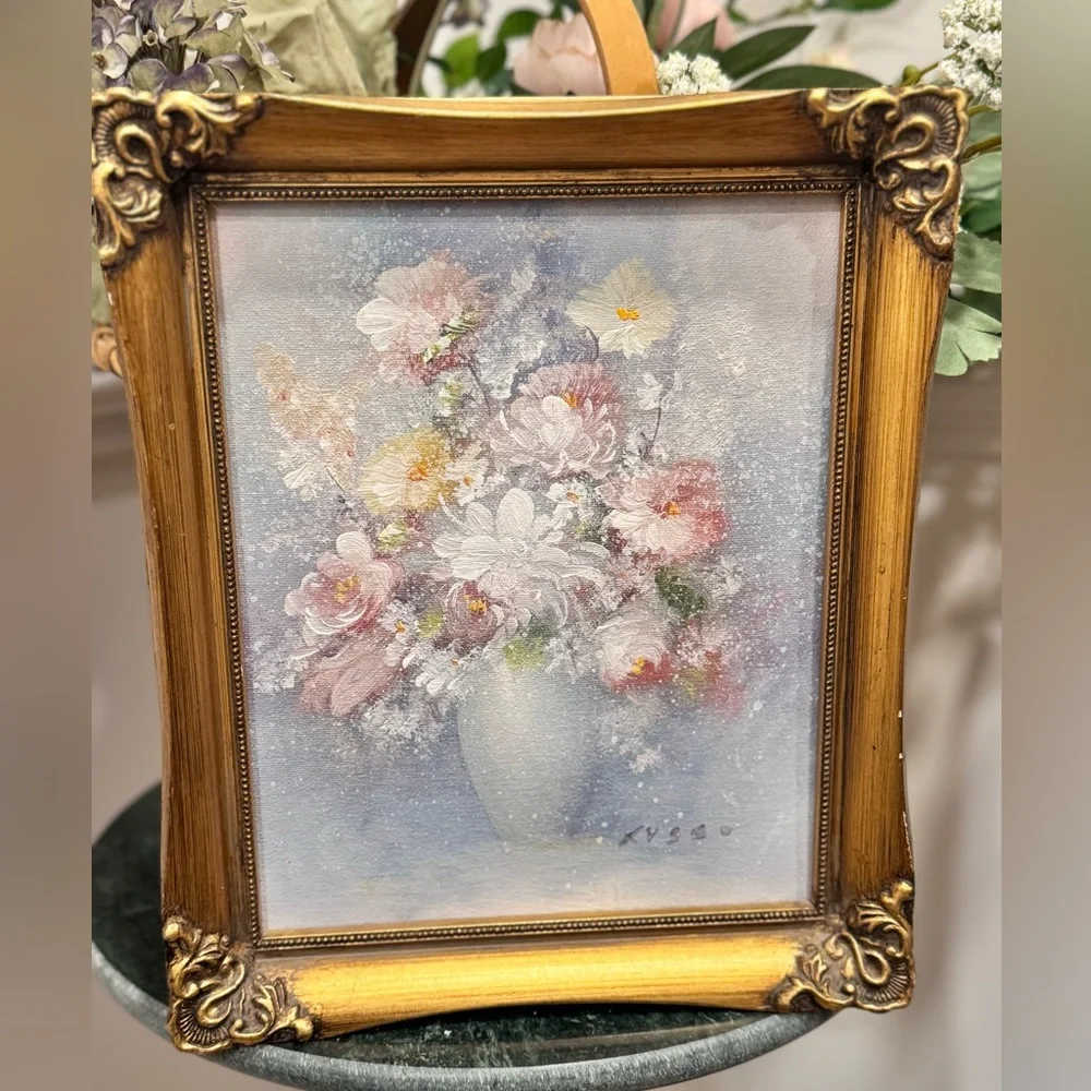 Original Oil On Board Framed Bouquet Signed RUSSO 8” x 10 Wood Frame